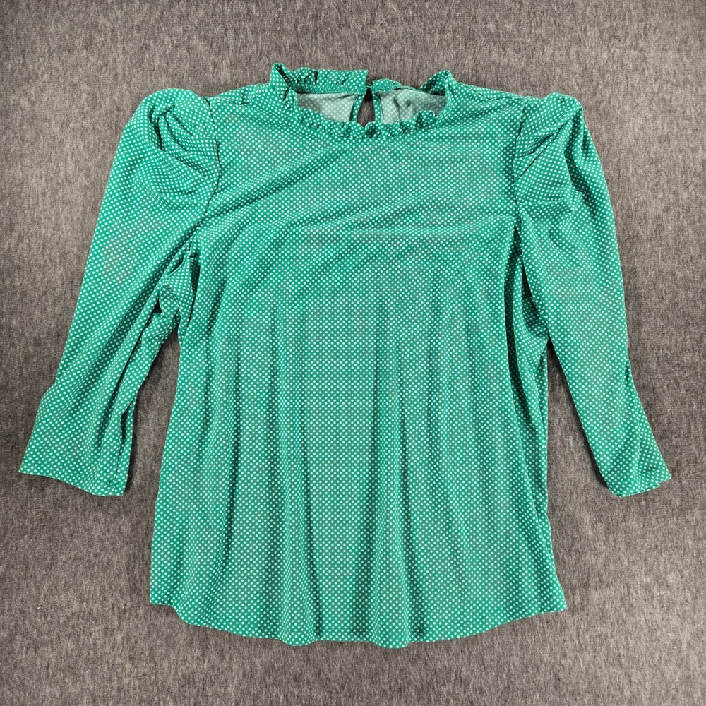 Green Polka Dot Blouse Womens M Puff Sleeve‎ Ruffle Neck Preppy Coquette